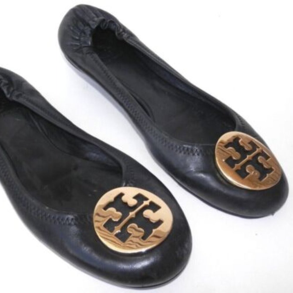 TORY BURCH Women's Black Leather Ballet Shoes Loafers Logo Size 8 M